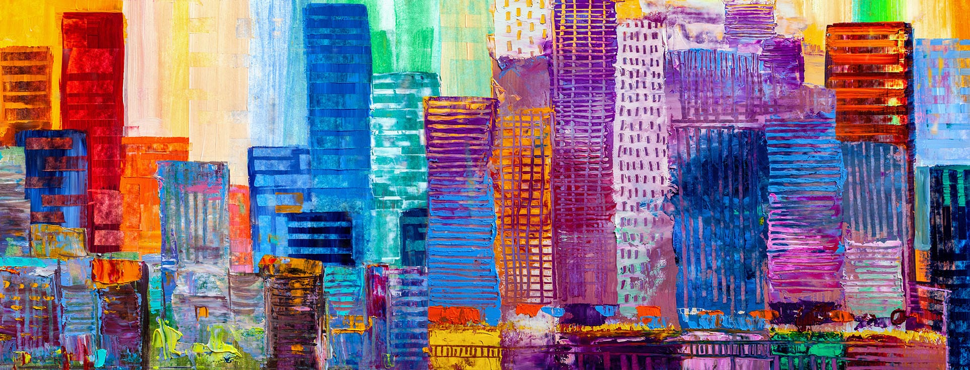 A colorful abstract painting depicts a city skyline with multicolored buildings.